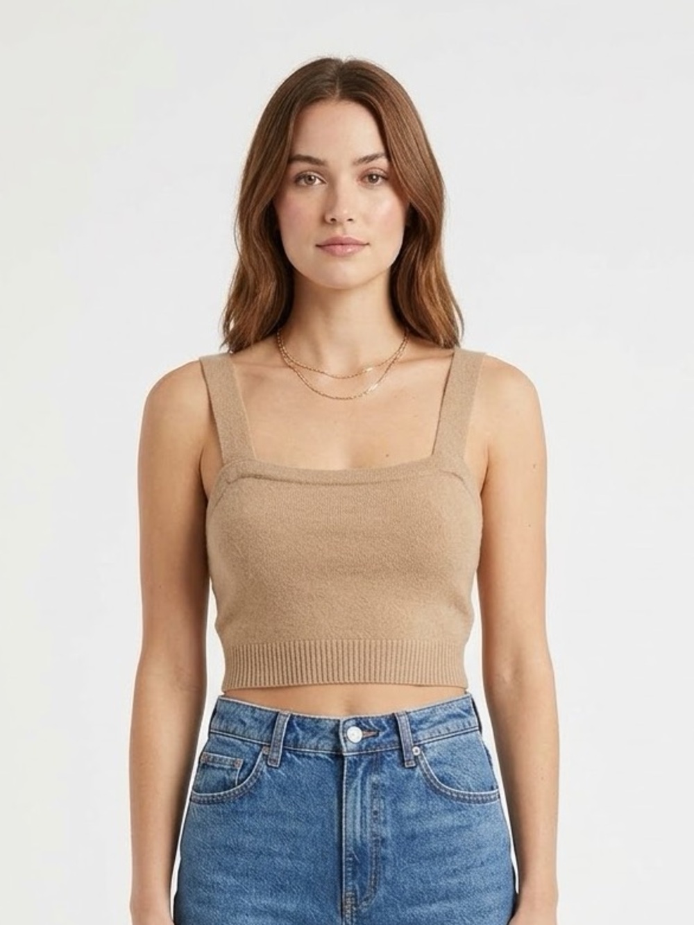 FILORO Camel Tan Wool Knit Sleeveless Crop Tank Top Size XS Luxury Minimalist